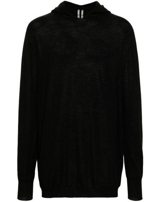 Rick Owens Black Fine-Knit Hooded Jumper for men