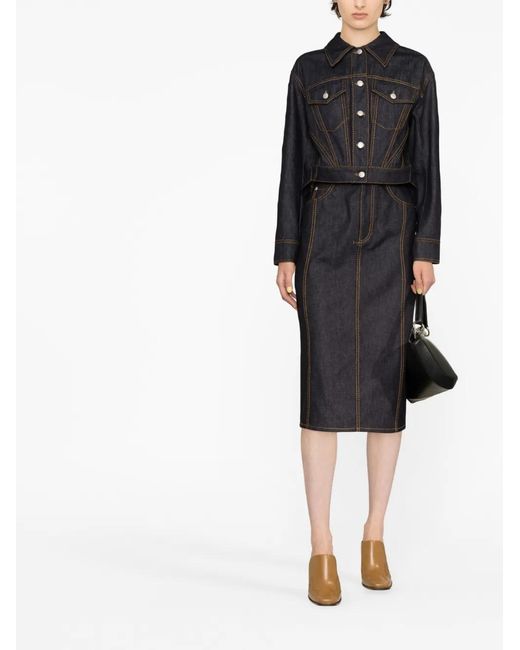 Alexander McQueen Black Contrast-Stitch Denim Midi Skirt