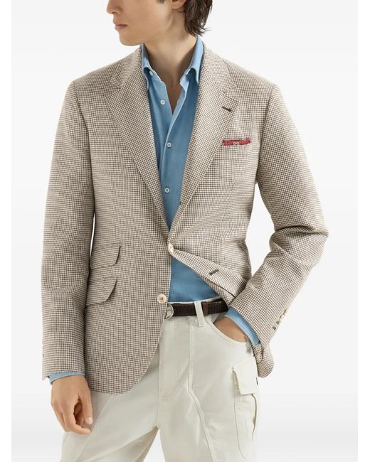 Brunello Cucinelli Natural Wool, Alpaca And Silk Houndstooth Deconstructed Cavallo Blazer for men