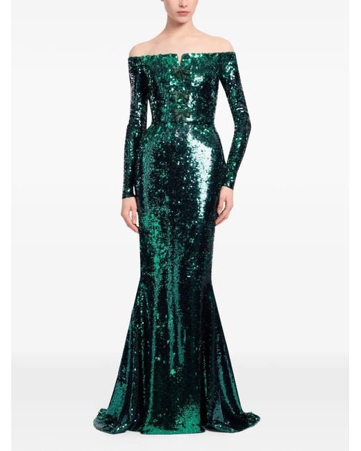 Elie Saab Green Embellished Off-The-Shoulder Maxi Dress