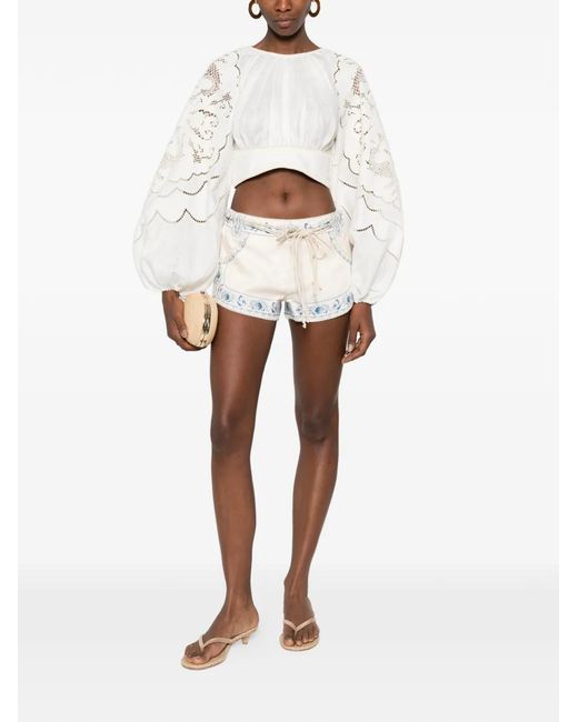 Zimmermann White Drawstring Embroidered Shorts