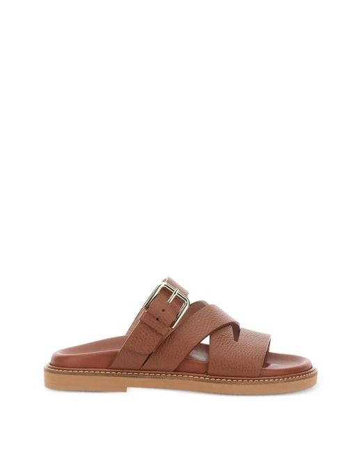 Pollini Brown Buckle-Strap Flat Sandals