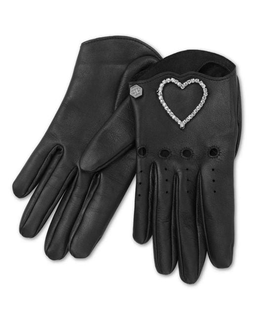 Philipp Plein Black Strass Nappa Mid-Gloves Heart