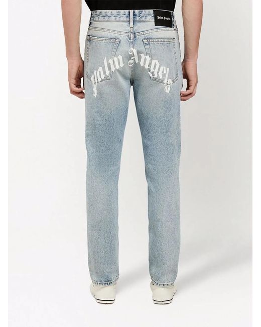 Palm Angels Blue Logo-Print Faded Jeans for men