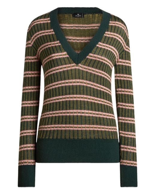Pull Rayé À Col V Etro en coloris Green