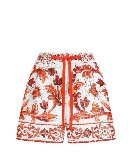 Dolce & Gabbana Red Majolica-Print Broderie Anglaise Lace Shorts