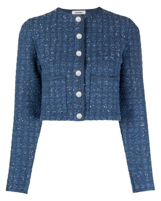 Sandro Blue Sequin-Embellished Cropped Tweed Jacket