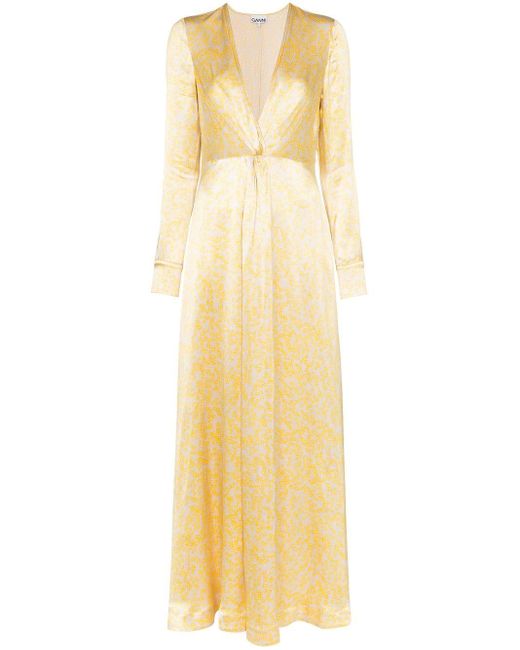 Ganni Yellow Cameron Floral-print Satin Dress