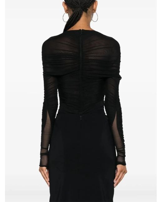 Mugler Black Gathered Semi-Sheer Bodysuit