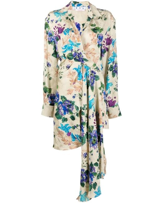 Off-White c/o Virgil Abloh Blue Floral-Print Asymmetric Shirtdress