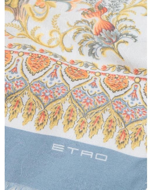 Etro White Cotton-Blend Jacquard Scarf With Flora And Fauna Motif