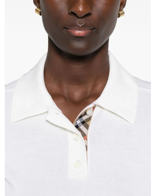 Burberry White Check-Trim Polo Top