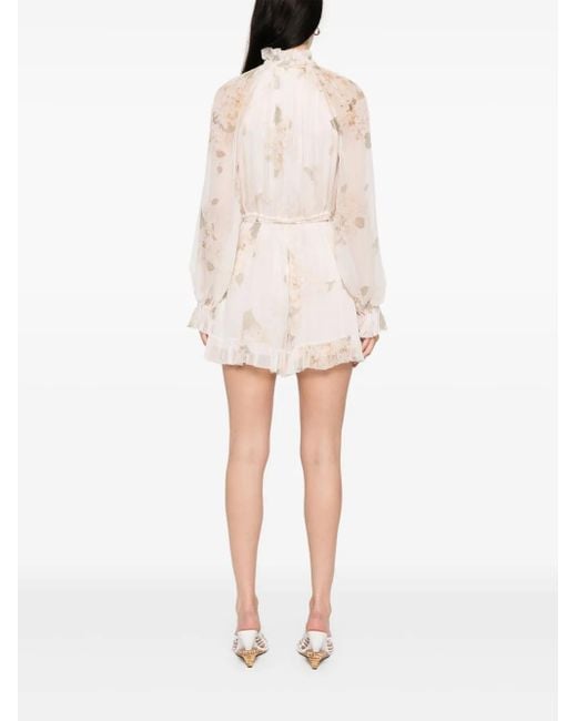 Zimmermann White Delicate Floral Playsuit With Removable Belt And Ruffled Edges