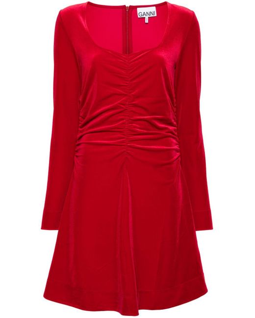 Ganni Red Velvet Ruched Mini Dress