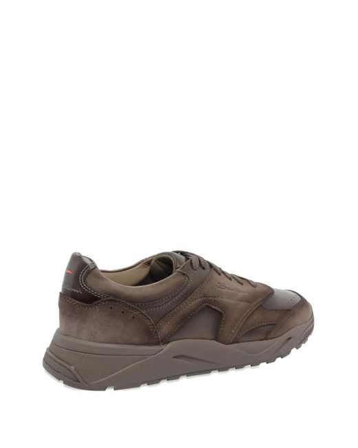 Santoni Brown Innova Leather Suede Sneakers for men