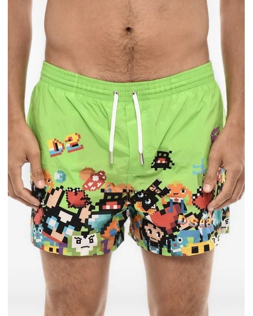 DSquared² Green Pixel-Print Drawstring Swim Shorts for men