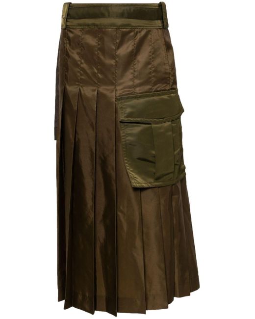 Sacai Green Pleated Twill Midi Skirt