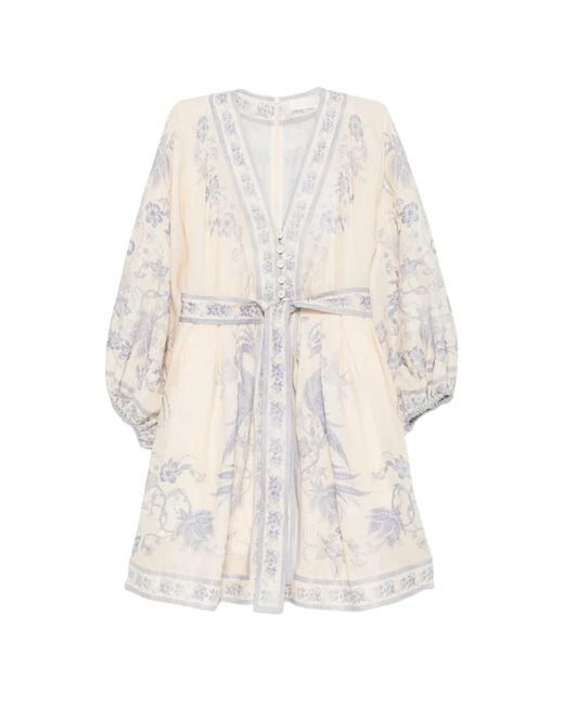 Zimmermann White V-Neck Linen Mini Dress With Button-Down Front, Removable Belt & Invisible Back Zip (Size 0)