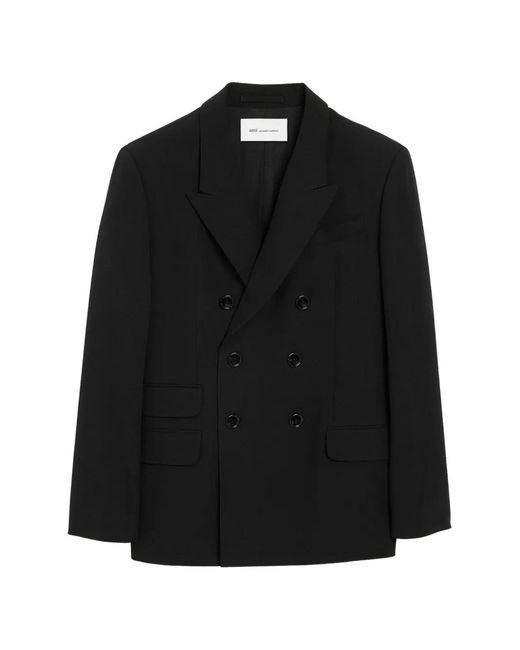 AMI Black Double-Breasted Straight-Fit Wool Blazer for men