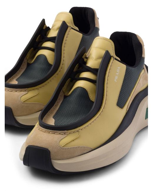 Prada Yellow Systeme Brushed Leather Sneakers With Bike Fabric And Suede Elements for men
