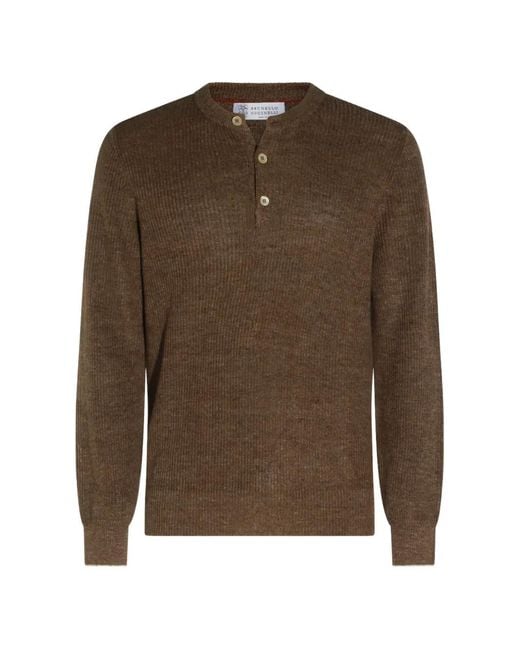 Brunello Cucinelli Brown Button-Placket Ribbed Sweater for men