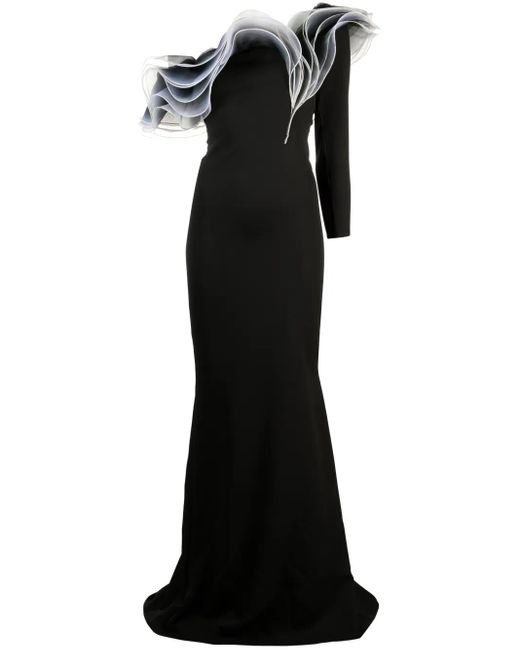Ana Radu Black Layered-Detail Asymmetric Gown