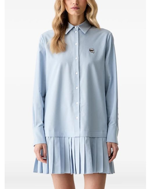 Karl Lagerfeld Blue Pleated Long-Sleeve Mini Dress