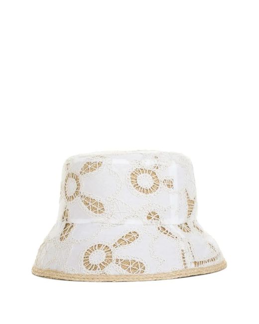 Helen Kaminski White Floral-Embroidered Raffia Bucket Hat