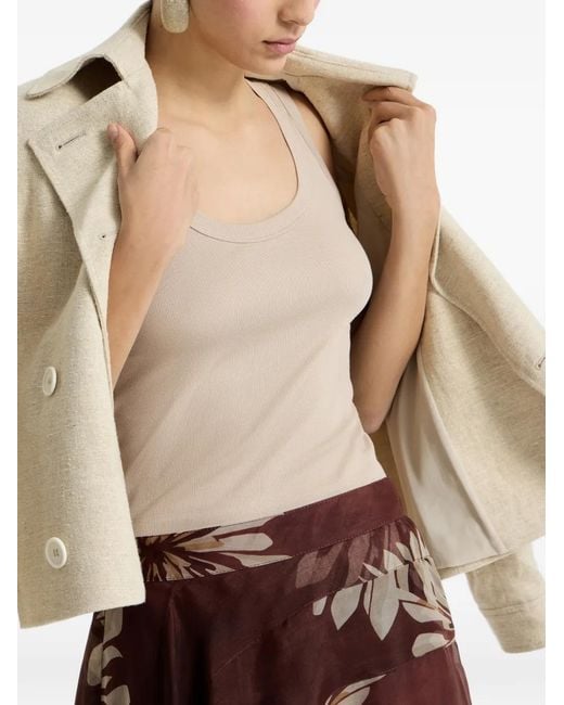 Brunello Cucinelli Natural Stretch Cotton Ribbed Jersey Top With Monili