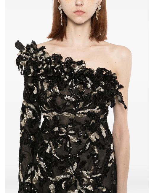 Saiid Kobeisy Black One-Shoulder Embroidered Tulle Dress