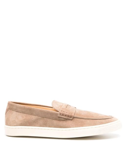Brunello Cucinelli Pink Logo-Embroidered Suede Penny Loafers for men