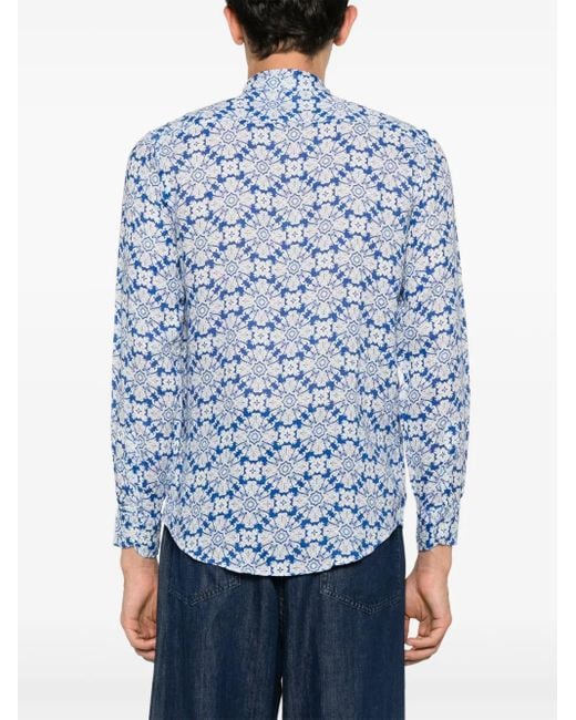 Peninsula Blue Floral-Print Linen Shirt for men