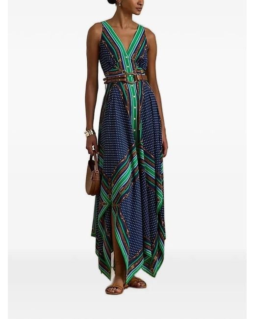 Ralph Lauren Green Print V-Neck Asymmetric Dress