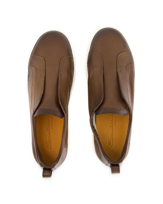 Santoni Brown Cleanic Leather Slip-On Sneakers for men