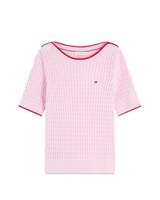 Tommy Hilfiger Pink Cable-Knit Short-Sleeve Sweater