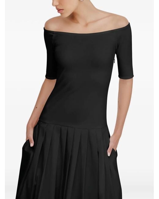 MARCELLA Black Mila Off-Shoulder Pleated Midi Dress