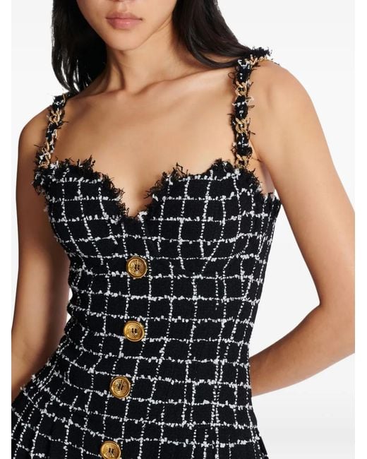 Balmain Black Chain-Strap Tweed Dress
