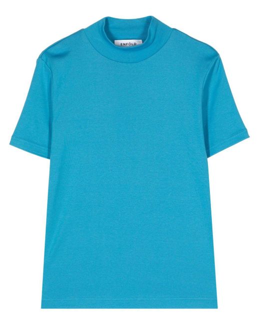 Enfold Blue Stand-neck Compact-cotton T-shirt