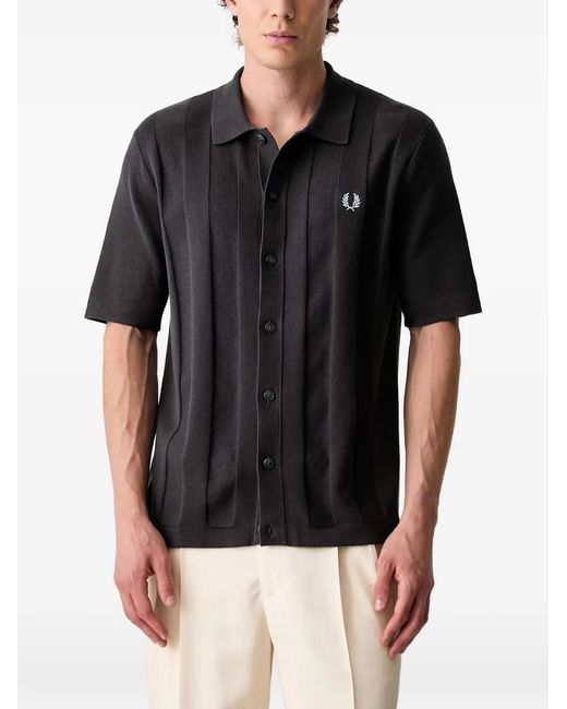 Fred Perry Black Vertical-Ribbed Embroidered-Logo Shirt for men