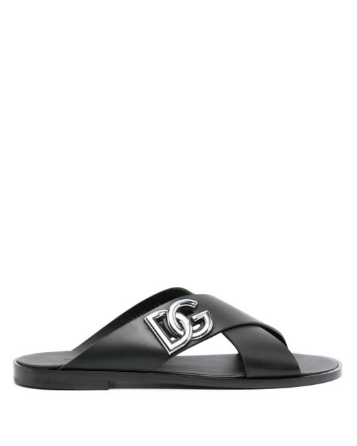 Dolce & Gabbana Black Logo-lettering Leather Slides for men