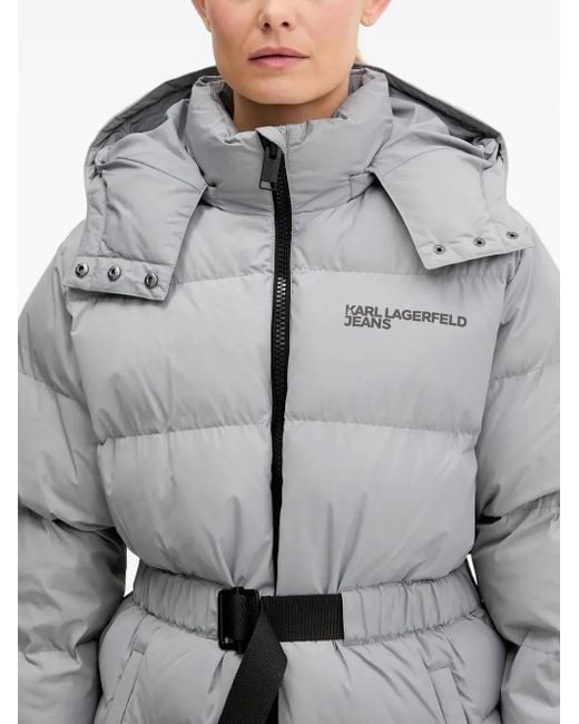Karl Lagerfeld Gray Hooded Belted Puffer Jacket