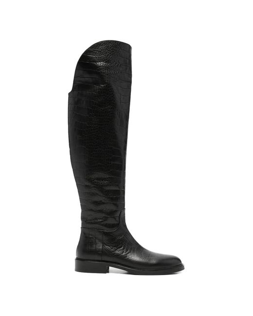 ADRIANNA FERETTI Black Crocodile-Effect Over-The-Knee Boots