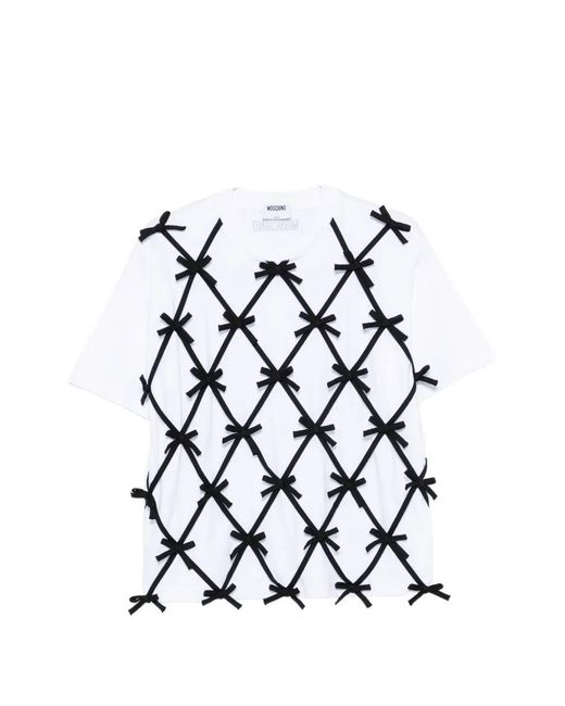 Moschino White Bow-Embellished Lattice-Overlay T-Shirt