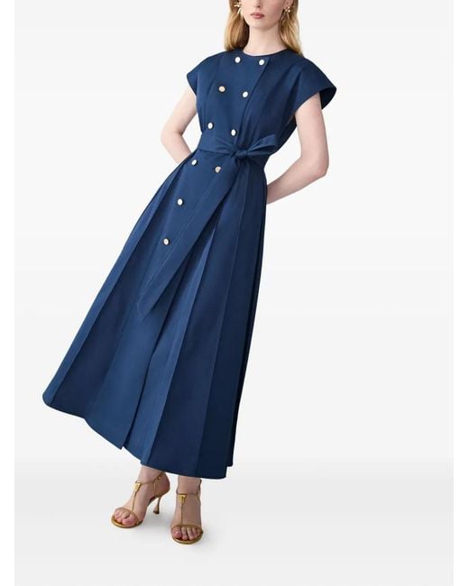 Carolina Herrera Blue Double-Breasted Cap-Sleeve Belted Midi Dress