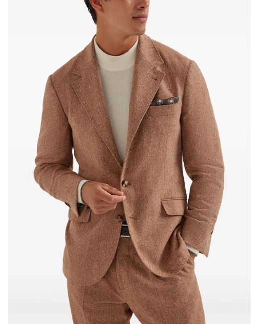 Brunello Cucinelli Brown Herringbone-Pattern Single-Breasted Blazer for men
