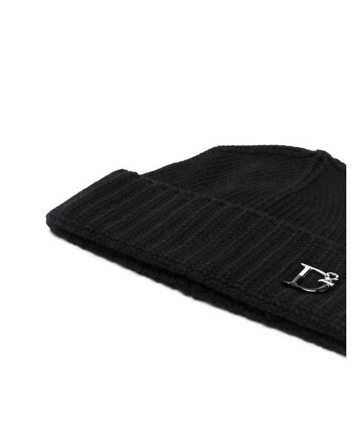 DSquared² Black Monogram-Plaque Knitted Beanie