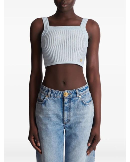 Balmain Blue Ribbed Square-Neck Top