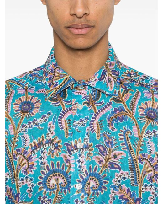 Etro Blue Floral-print Linen Shirt for men