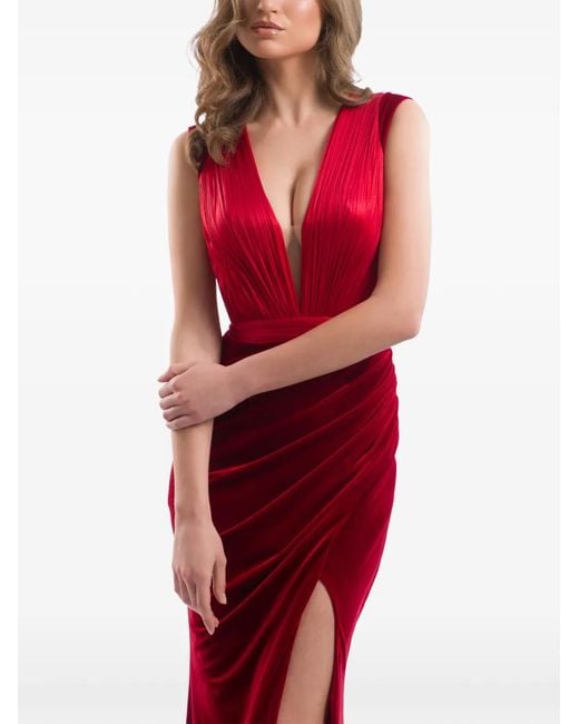 IMROSKA Red Plunging-V-Neck Draped Maxi Dress