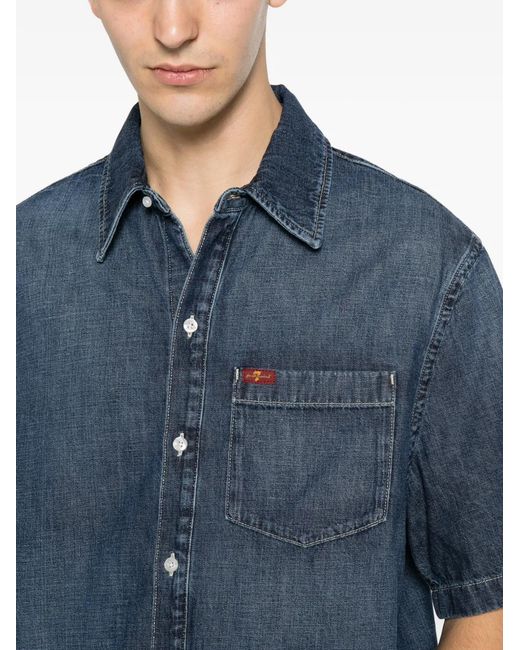 7 For All Mankind Blue Short-Sleeve Chest-Pocket Shirt for men